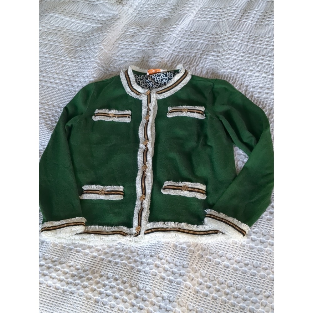 Tory Burch Green and White Trim Knit Cardigan
